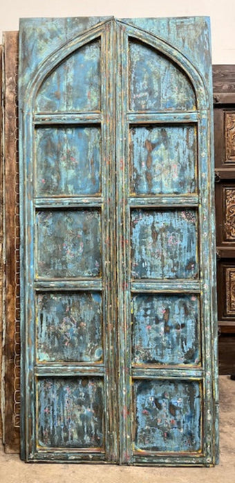 Antique Arched Double Barn Doors Rustic Blue Wooden 8ft Patio Doors